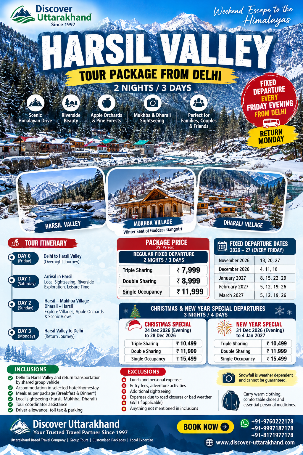 Harsil Valley Tour Package from Delhi 2026–27 | Fixed Departures